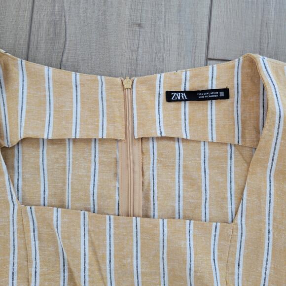 ZARA Linen Blend Striped Yellow/White Mini Cut Out Tie Waist Dress Women Sz L - Picture 12 of 15